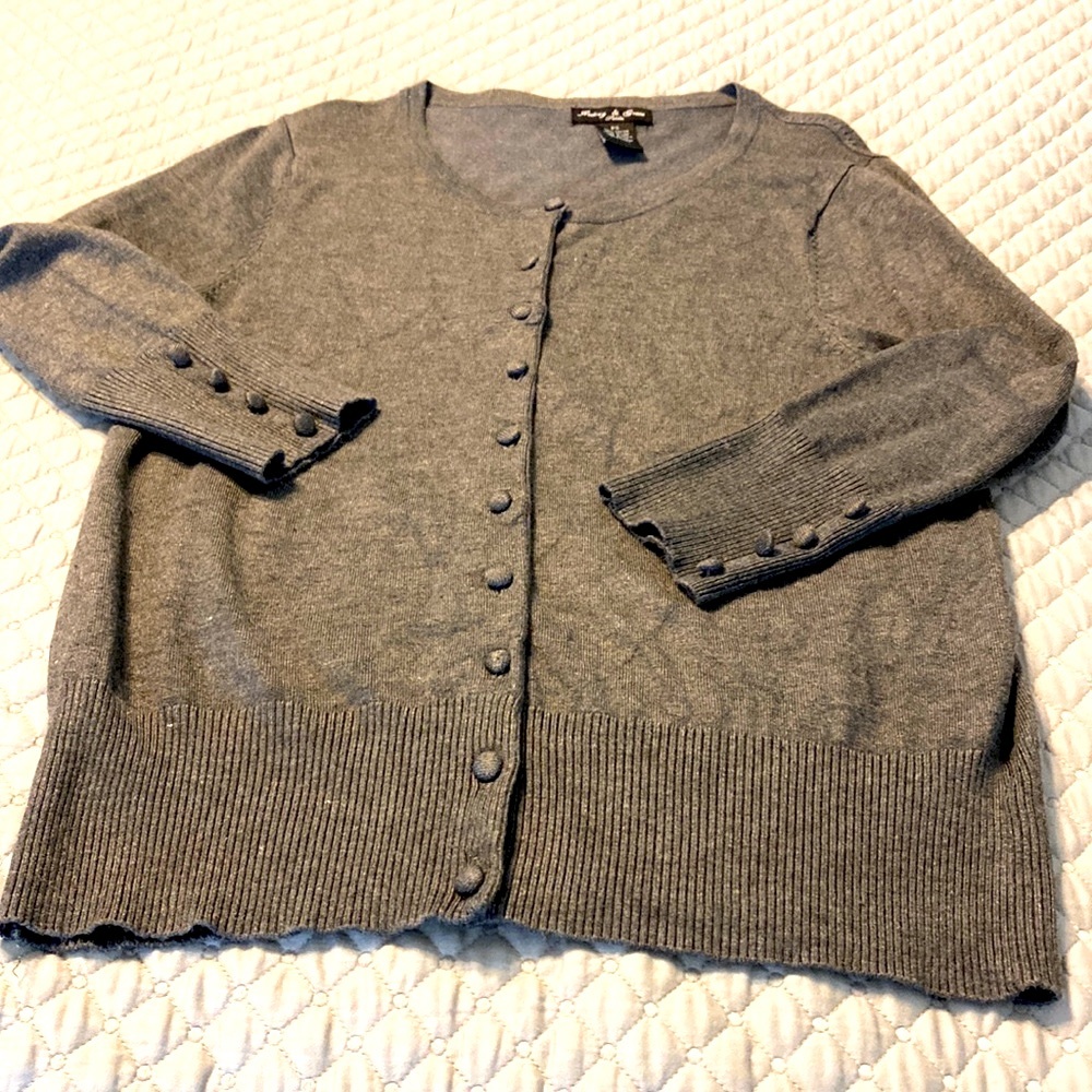 Audrey and Grace Petite Gray 3/4 sleeve cardigan sweater with covered buttons